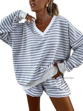 Striped Sweatsuit Set Long Sleeve V-Neck Top & Shorts Loose Fit